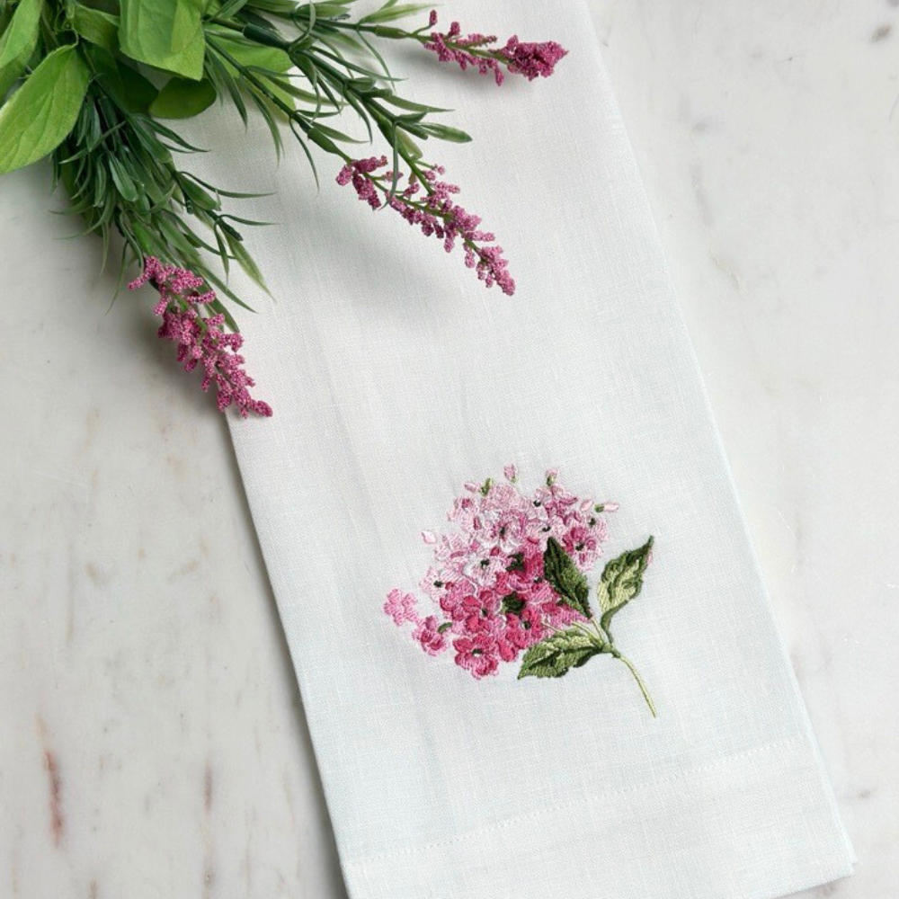Hydrangea Embroidered Linen Towel | White with Pink & Blue | Arte