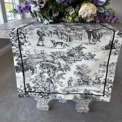 Montefalco Toile Table Runner, Green & Cream - New