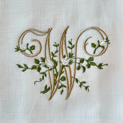 Floral Monogram White Linen Cocktail Napkin Set - New