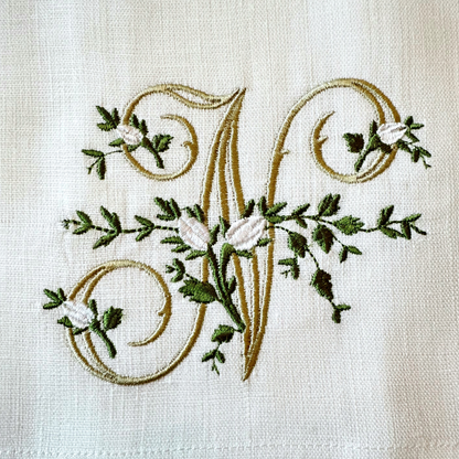 Floral Monogram White Linen Cocktail Napkin Set - New