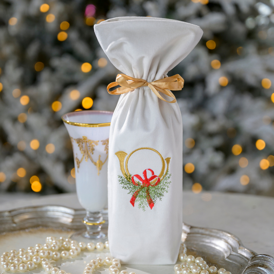 Holiday Horn with Bow Velvet Wine Bag - New