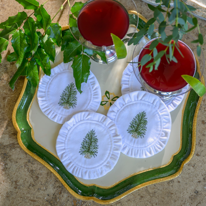 Pine Tree Round Ruffle Velvet Coaster Set - New