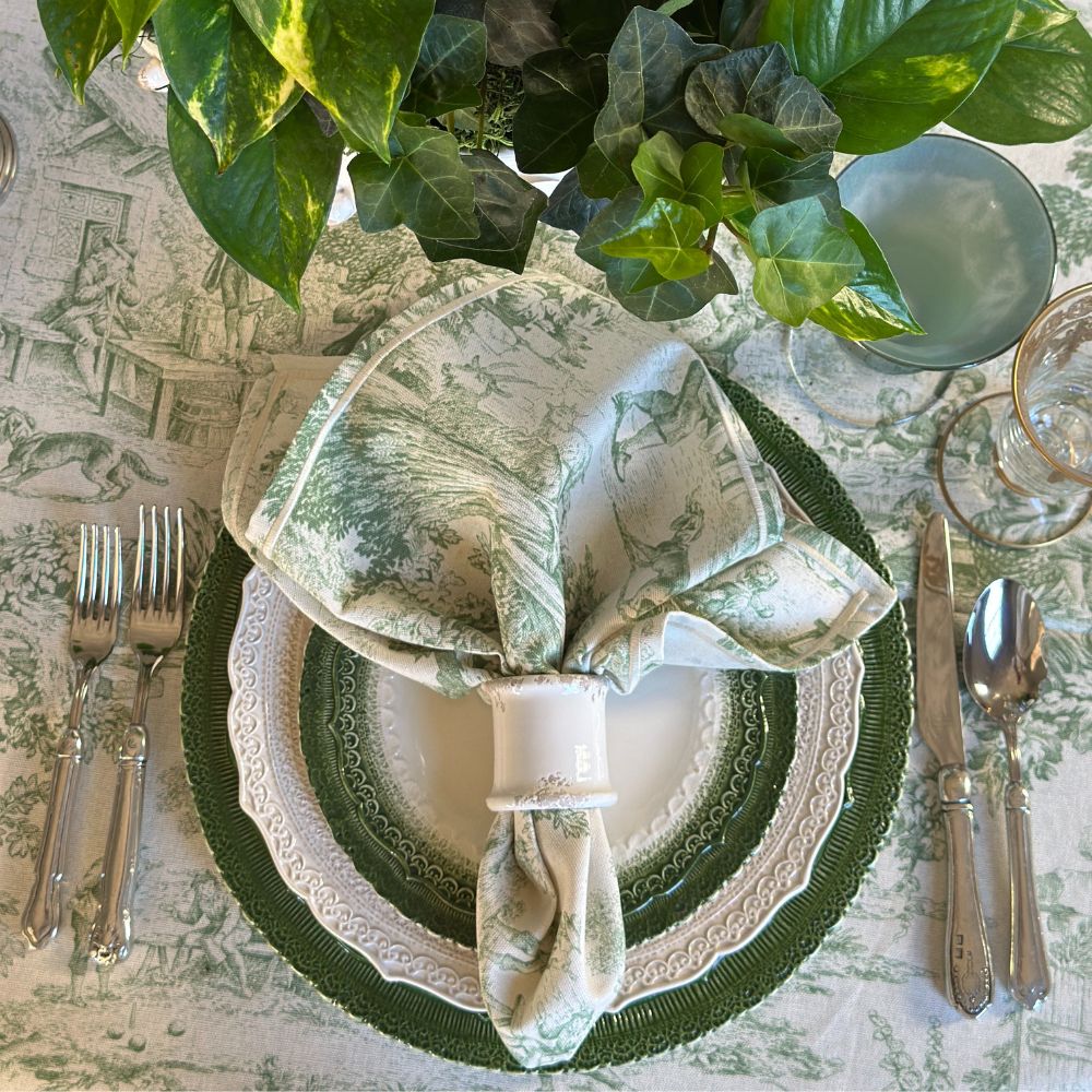 Montefalco Toile Cotton Napkin, Green & Cream - New