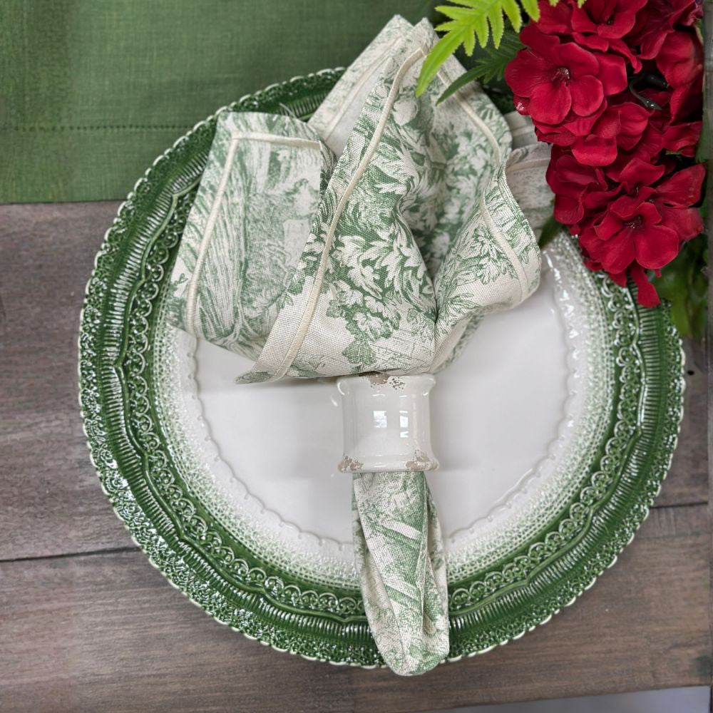 Montefalco Toile Cotton Napkin, Green & Cream - New