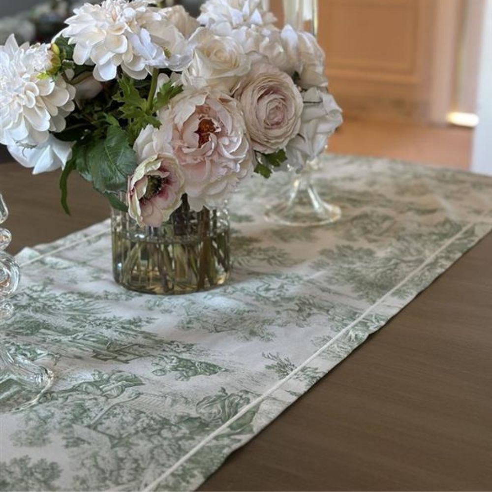 Montefalco Toile Table Runner, Green & Cream - New