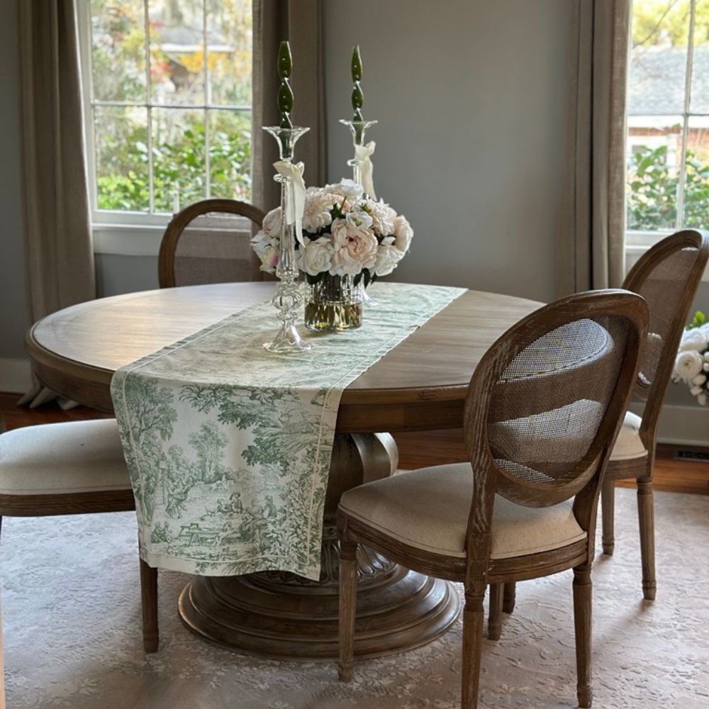 Montefalco Toile Table Runner, Green & Cream - New