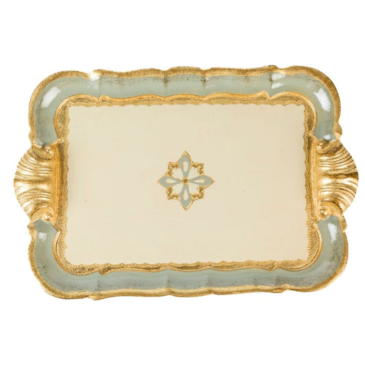 Decorative wooden tray with gold rim and central design on a white background