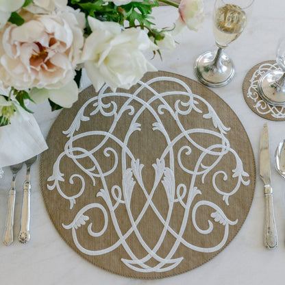Bronze & White Palermo Baroque Placemat with Free White with Bronze Napkin - Website Exclusive