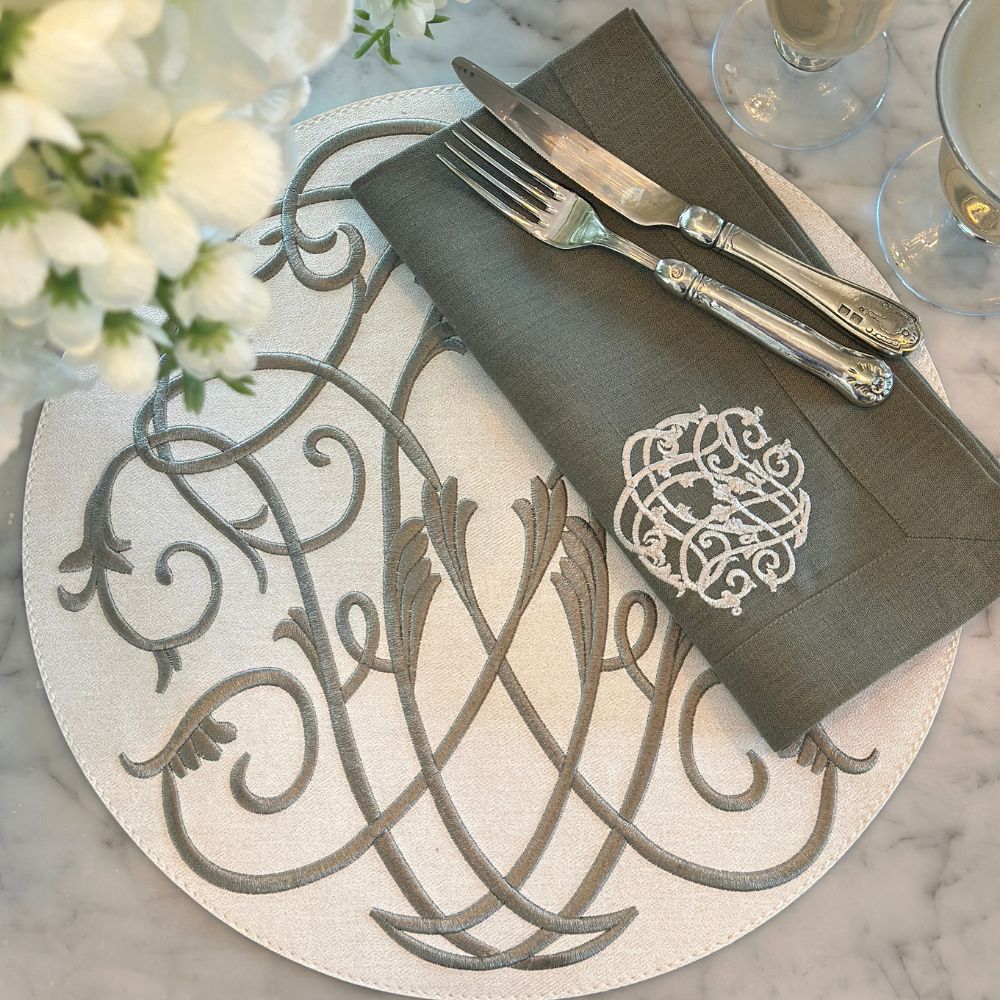 Cream & Olive Palermo Baroque Placemat with Free Olive Baroque Napkin - Website Exclusive