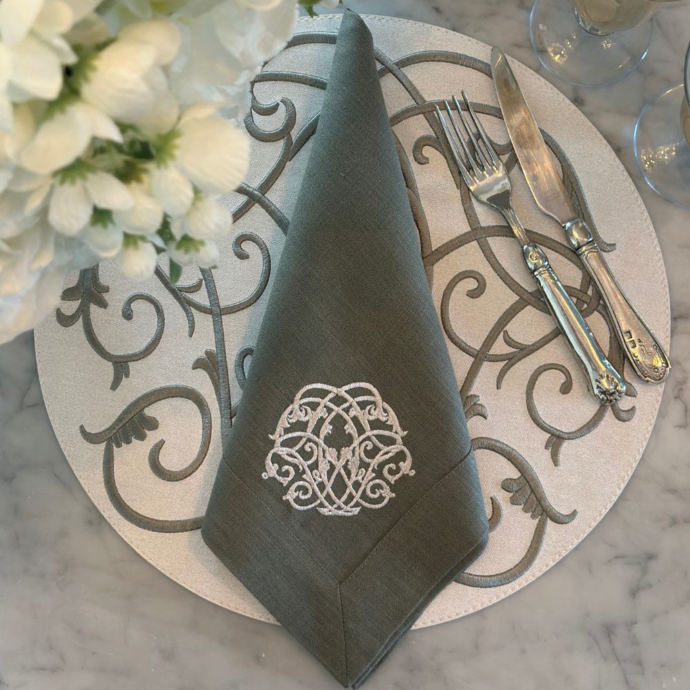 Cream & Olive Palermo Baroque Placemat with Free Olive Baroque Napkin - Website Exclusive