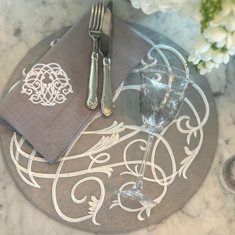 Grey & White Palermo Baroque Placemat with Free Grey with White Baroque Napkin - Website Exclusive