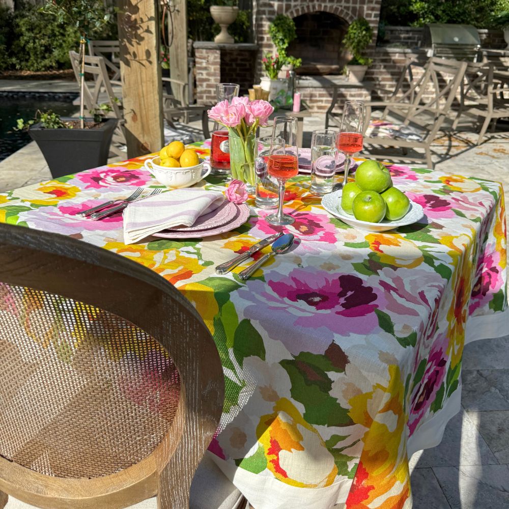 Portofino Summer Garden Linen Table Square — entertaining setting on a patio