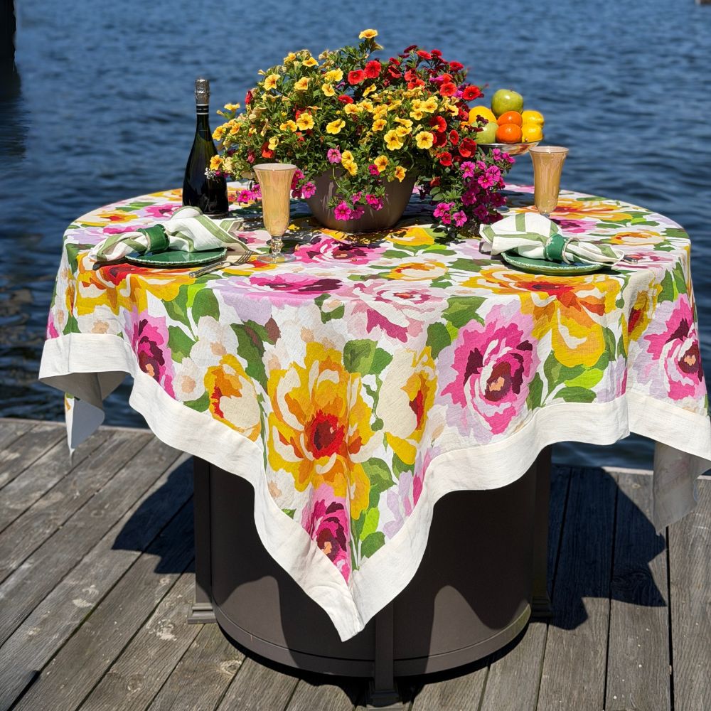 Portofino Summer Garden Linen Table Square — styled table setting by water