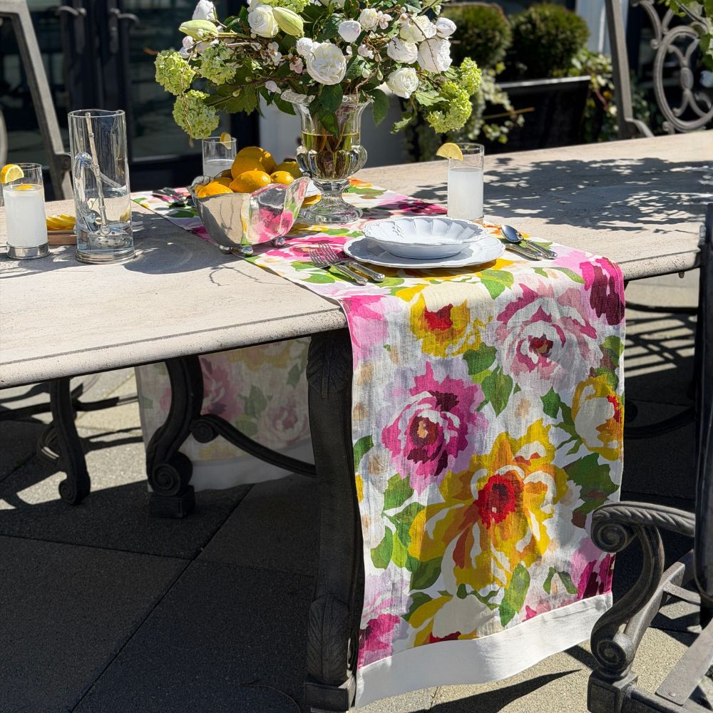 Portofino Summer Garden Linen Table Runner — styled table setting outdoors
