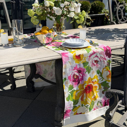 Portofino Summer Garden Linen Table Runner — styled table setting outdoors