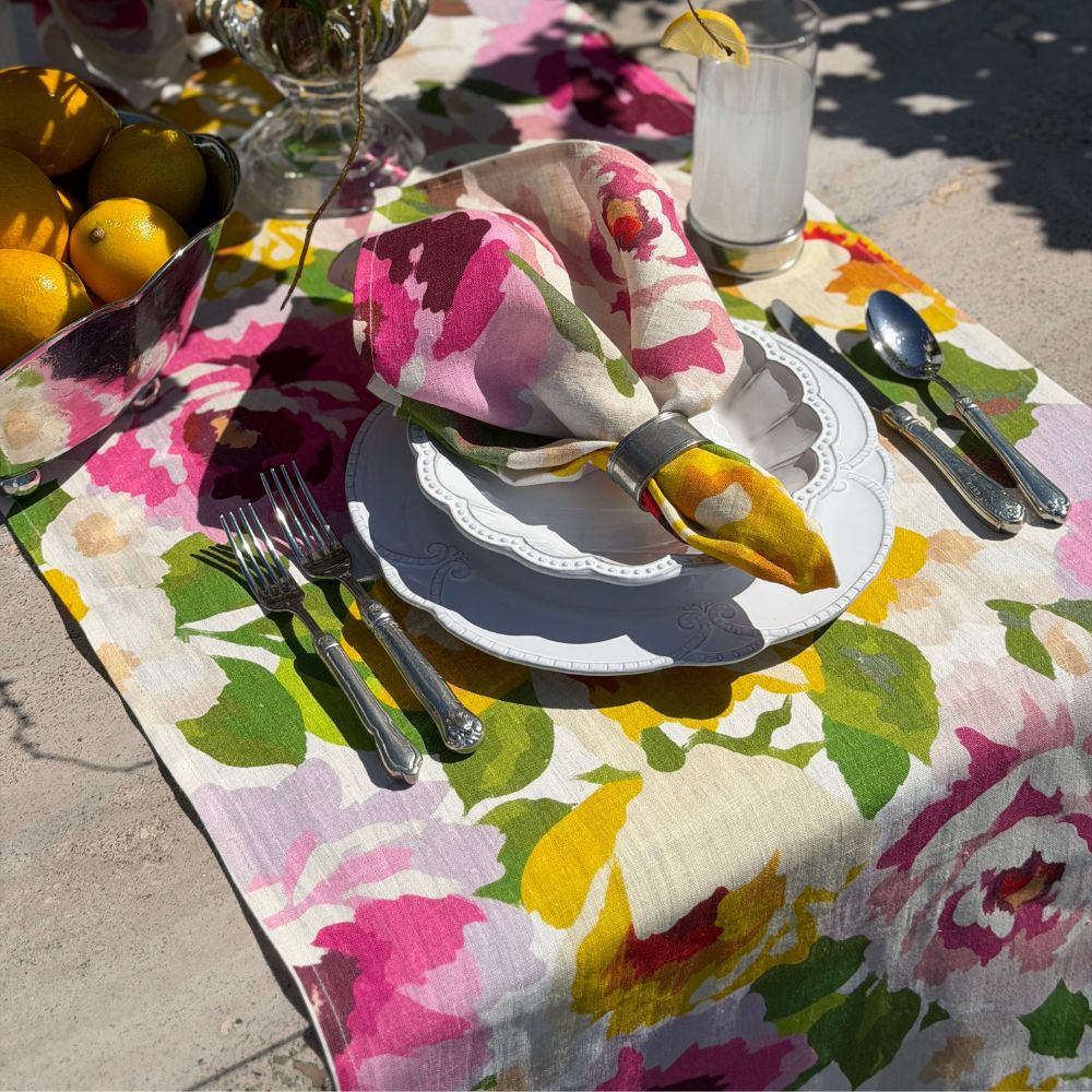 Portofino Summer Garden Table Runner — linen texture detail with Plates and napkin