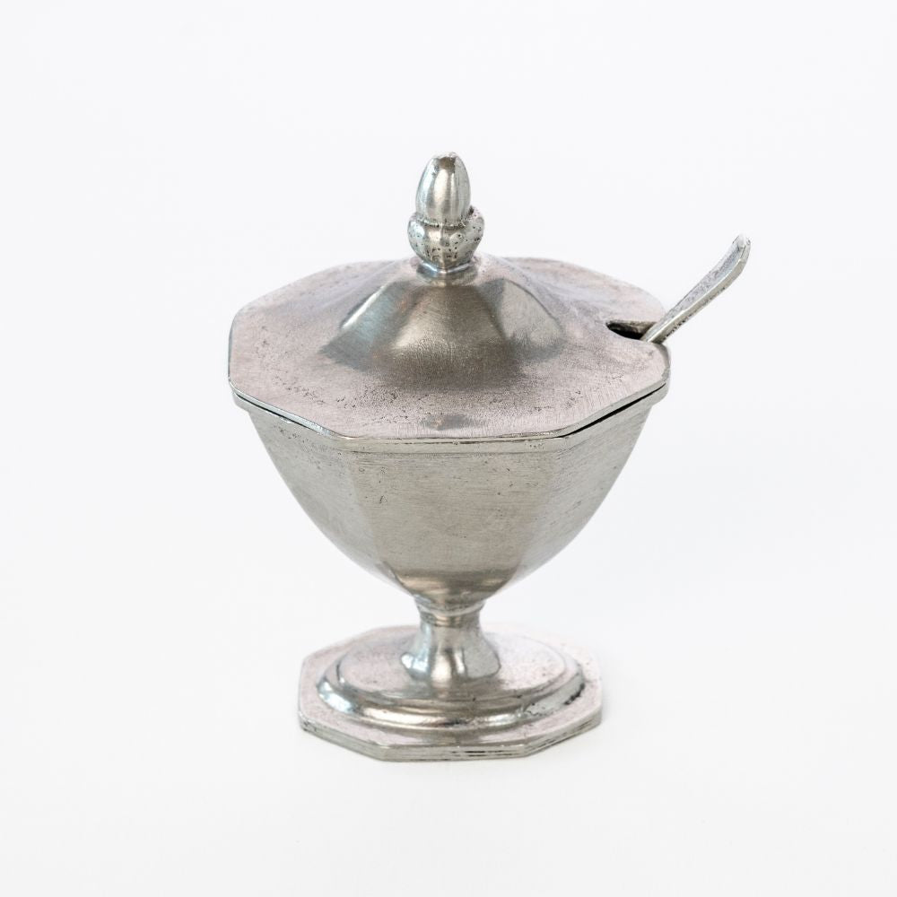 Arte Italica Tavola pewter covered condiment bowl with spoon, front view