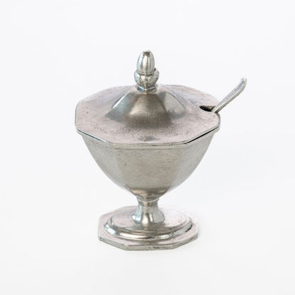 Arte Italica Tavola pewter covered condiment bowl with spoon, front view