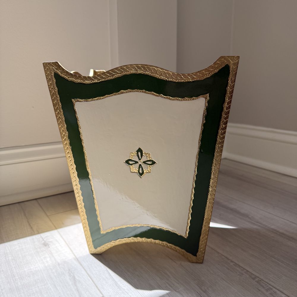 Florentino Baroque Wooden Wastebasket in Gold, Cream and Green on corner of a room - Arte Italica