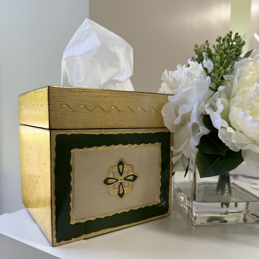 Florentino Baroque Wooden Tissue Box Cover in Green, gold and cream on a counter with flowers - Arte Italica