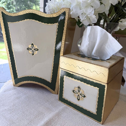 Florentino Baroque Wooden Wastebasket in Gold, Cream and Green with Tissue Box Cover on a counter - Arte Italica