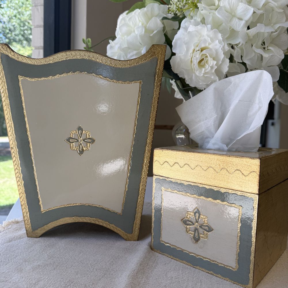 Florentino Baroque Wooden Tissue Box Cover Villa Blue with a wastebasket on a counter with flowers - Arte Italica