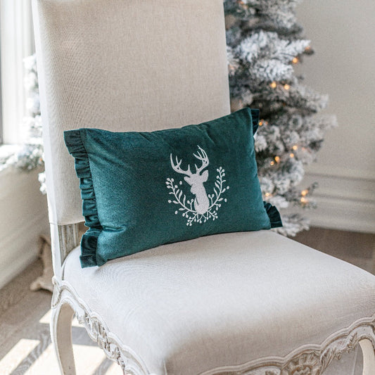 Stag with Holly Berries Velvet Decor Pillow