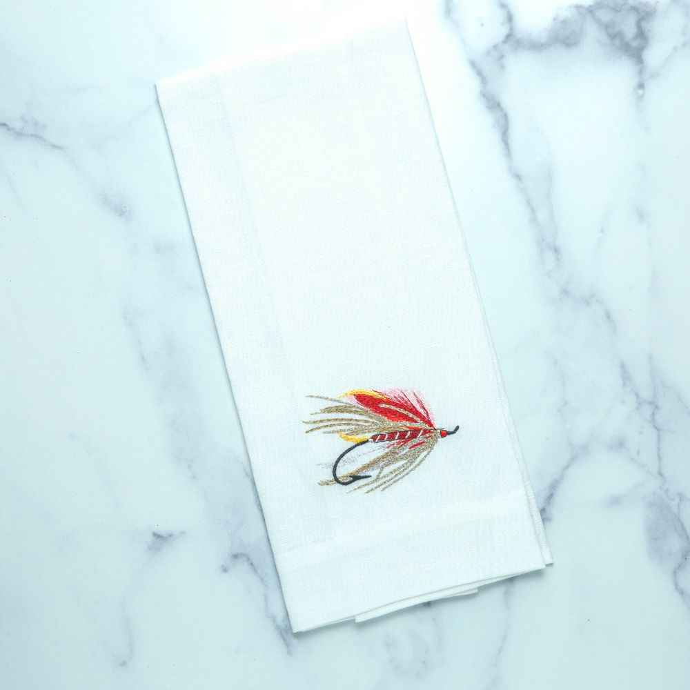 fish lure towel hook Arte Italica Linen Tea Towels, Fly Fishing Hook Embroidery, Soft Flax