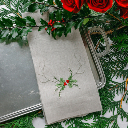 Antlers with Holly Linen Towel