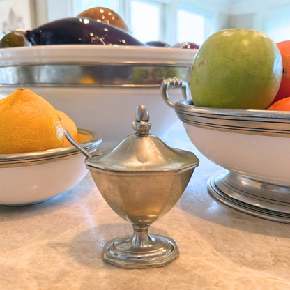 Close-up of handcrafted Italian pewter finish on Arte Italica Tavola condiment bowl
