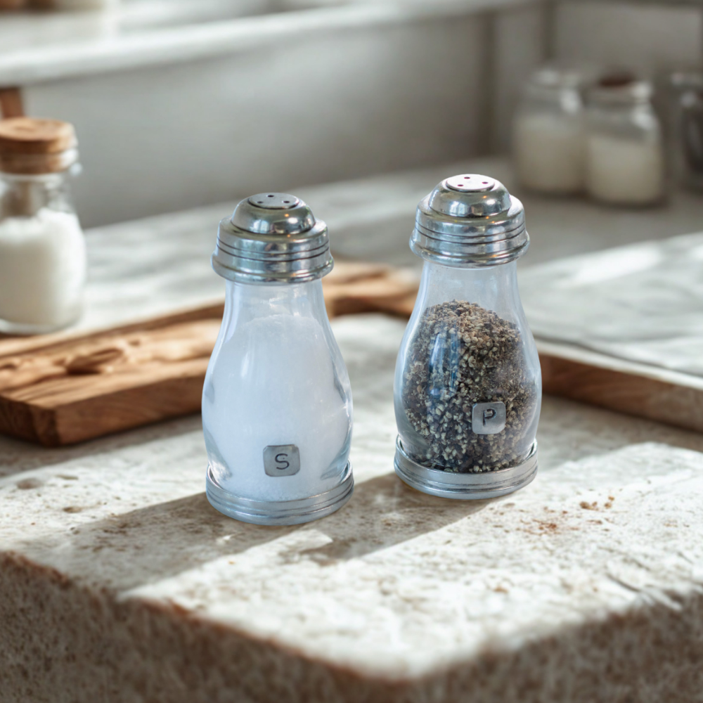 Two clear glass pepper and salt shakers with pewter metal tops sit on a light stone countertop in a softly lit kitchen setting.