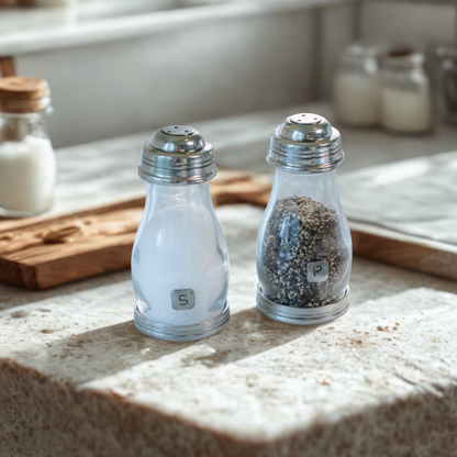 Two clear glass pepper and salt shakers with pewter metal tops sit on a light stone countertop in a softly lit kitchen setting.