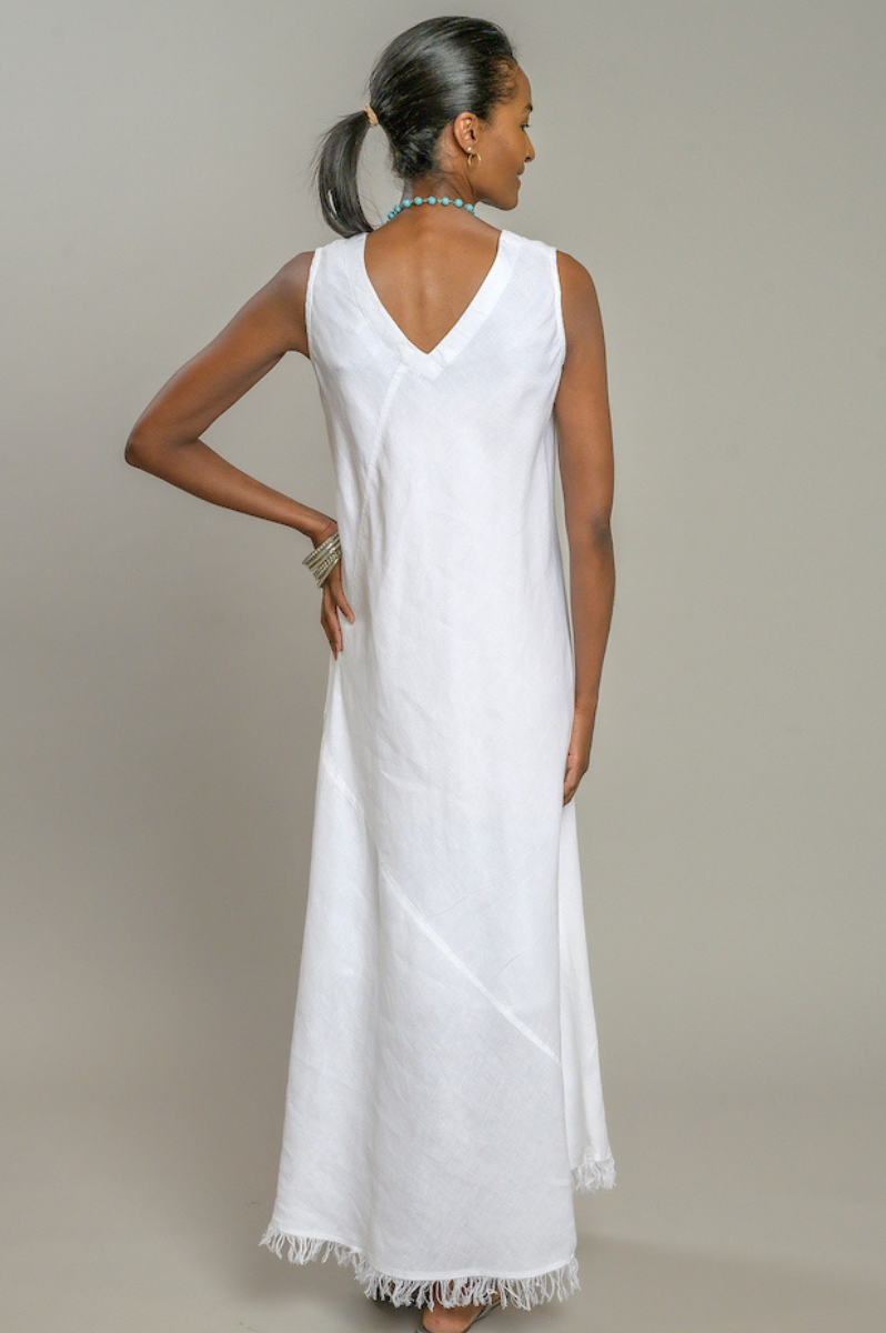 Back detailed shot of white linen Twani dress. --Arte Italica and Crown Linen Designs