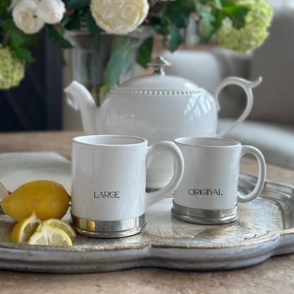 Two Tuscan mugs on a Florentino Silver Wooden Tray with lemons and a Beaded Teapot
