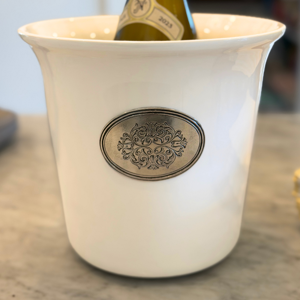 Close up of the Tuscan ceramic wine bucket showing the pewter tab detail