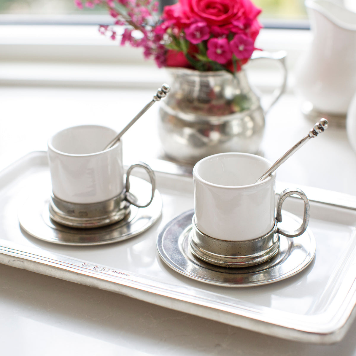 Tuscan Espresso Cup & Saucer with Spoon | Italian Ceramic & Pewter