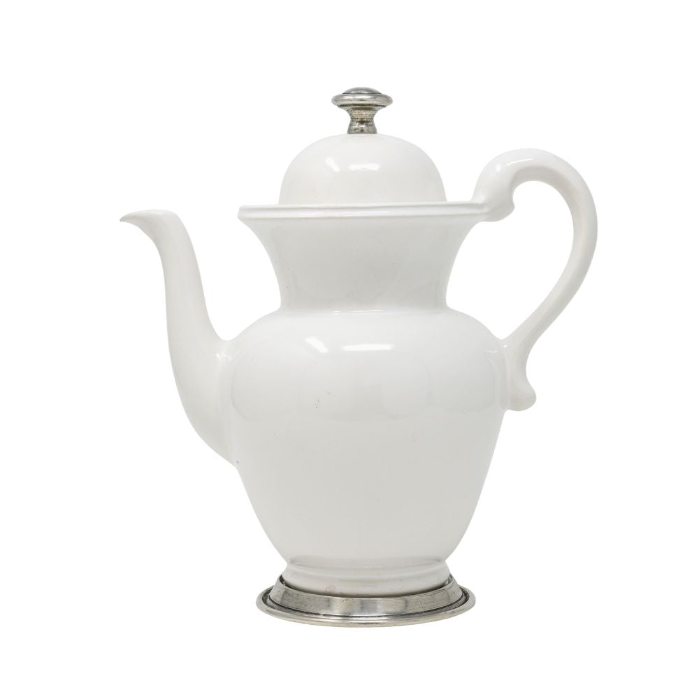 White Tuscan ceramic Coffee Pot with pewter base and lid knob on a white background
