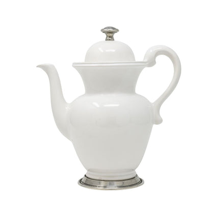 White Tuscan ceramic Coffee Pot with pewter base and lid knob on a white background