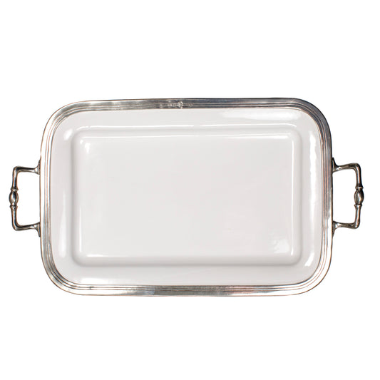 A rectangular ceramic serving tray with pewter handles and a white center with a silver-colored frame.