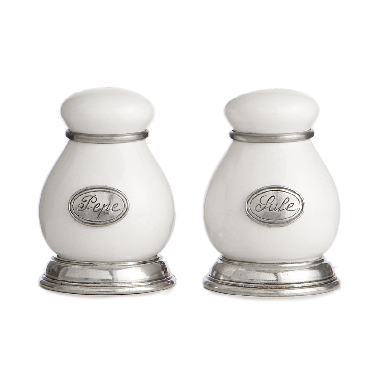 A pair of Tuscan salt and pepper shakers with white ceramic bodies and pewter accents, including silver-colored labels 'Pepe' and 'Sale' on each shaker.