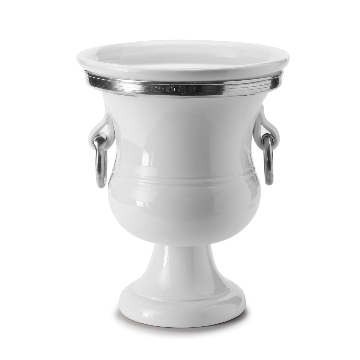 A white ceramic and pewter Tuscan Signature Urn with silver accents and handles.