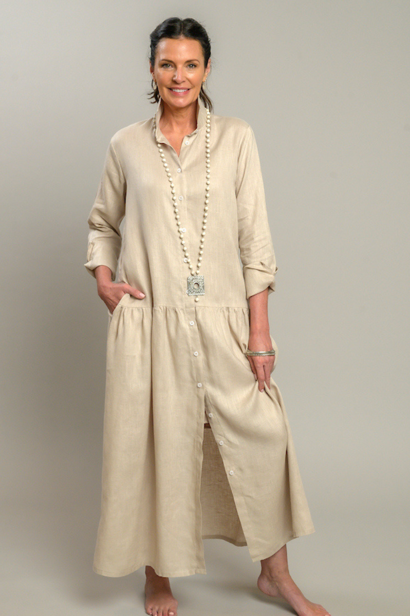 Wynn Drop Waist Linen Dress | Button-Up Long Sleeve | Crown Linen Designs Black / Medium Wynn Drop Waist Linen Dress | Button-Up Long Sleeve | Crown Linen Designs Black / Medium