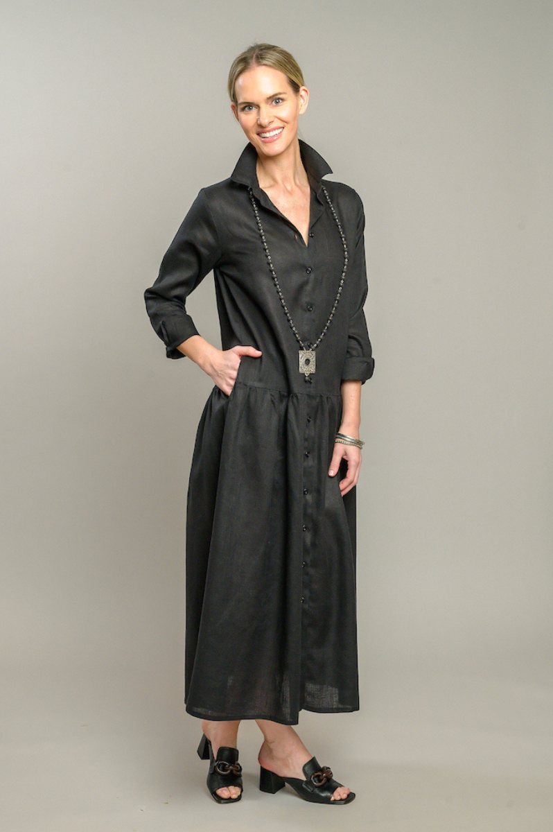 Wynn Drop Waist Linen Dress | Button-Up Long Sleeve | Crown Linen Designs Black / Medium Wynn Drop Waist Linen Dress | Button-Up Long Sleeve | Crown Linen Designs Black / Medium