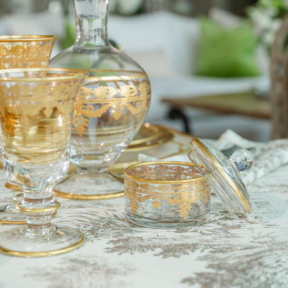 Vetro Gold Covered dish with Wineglasses on a Latte Toile Tablecloth