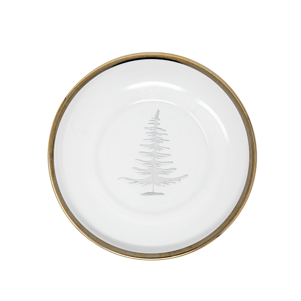 A glass plate with a etched pine tree in the middle with a platinum rim