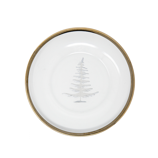 A glass plate with a etched pine tree in the middle with a platinum rim