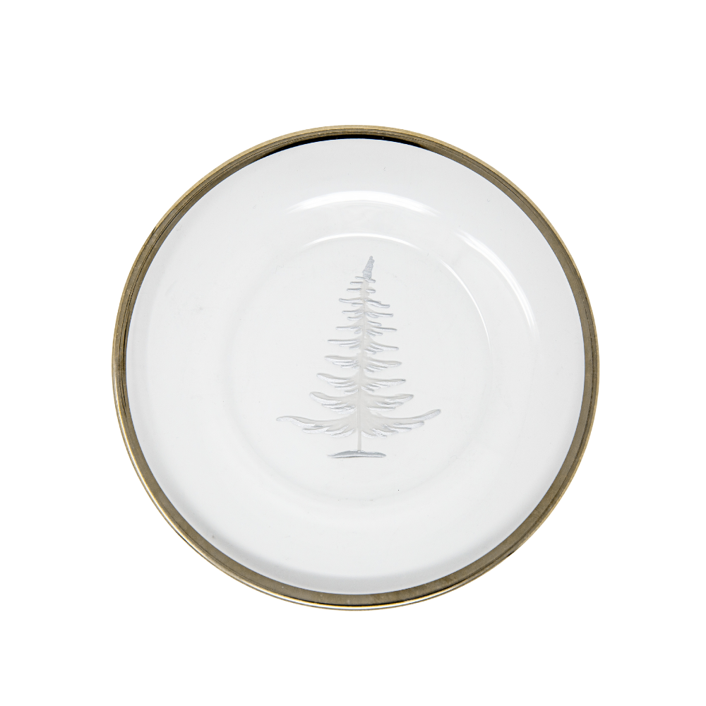 Glass plate with an etched pine tree in the middle with a platinum rim