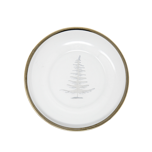 Glass plate with an etched pine tree in the middle with a platinum rim
