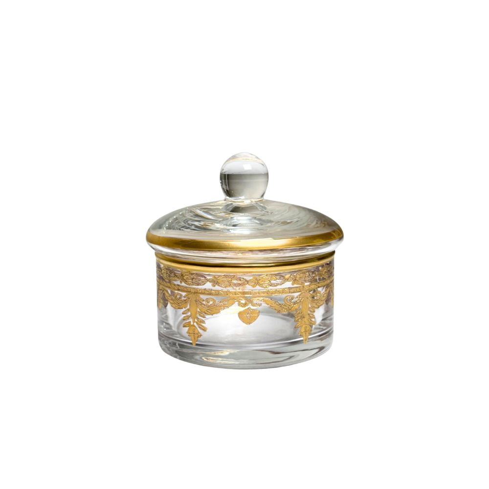 Italian Glass Vetro Gold small jar with 24 carat gold decorative elements and a clear lid on a white background by Arte Italica