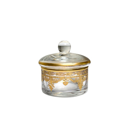 Italian Glass Vetro Gold small jar with 24 carat gold decorative elements and a clear lid on a white background by Arte Italica